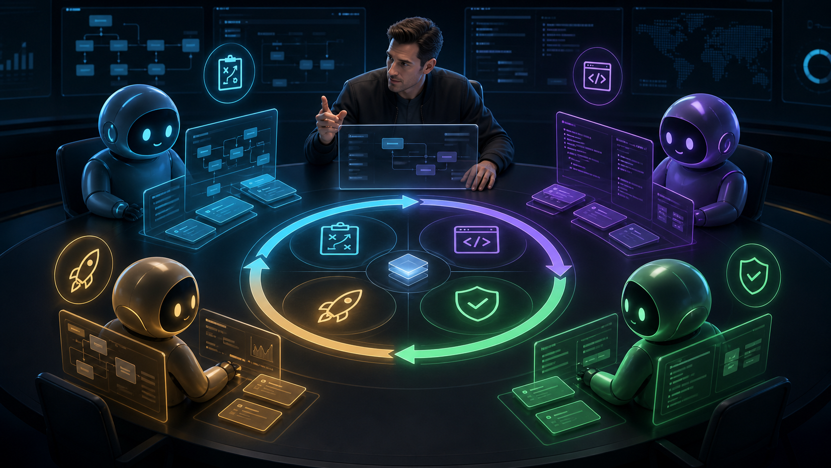 ภาพ workflow การทำงานร่วมกันระหว่างมนุษย์และ AI agents หลายบทบาท