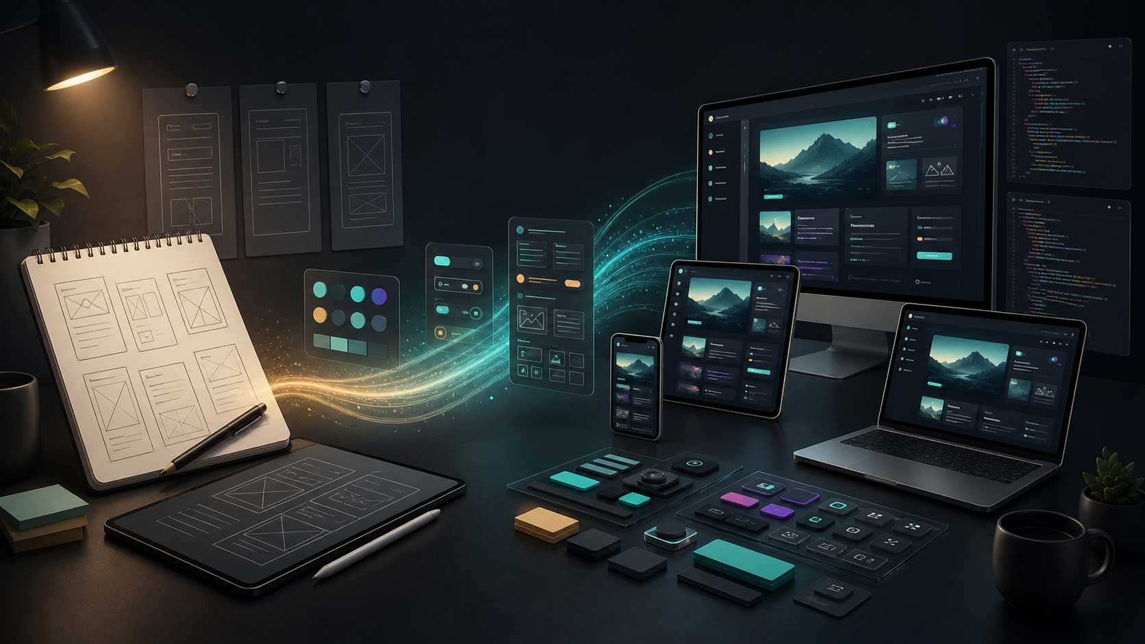 ภาพการเปลี่ยน wireframe และ design system ให้เป็น UI และโค้ดพร้อมใช้งาน