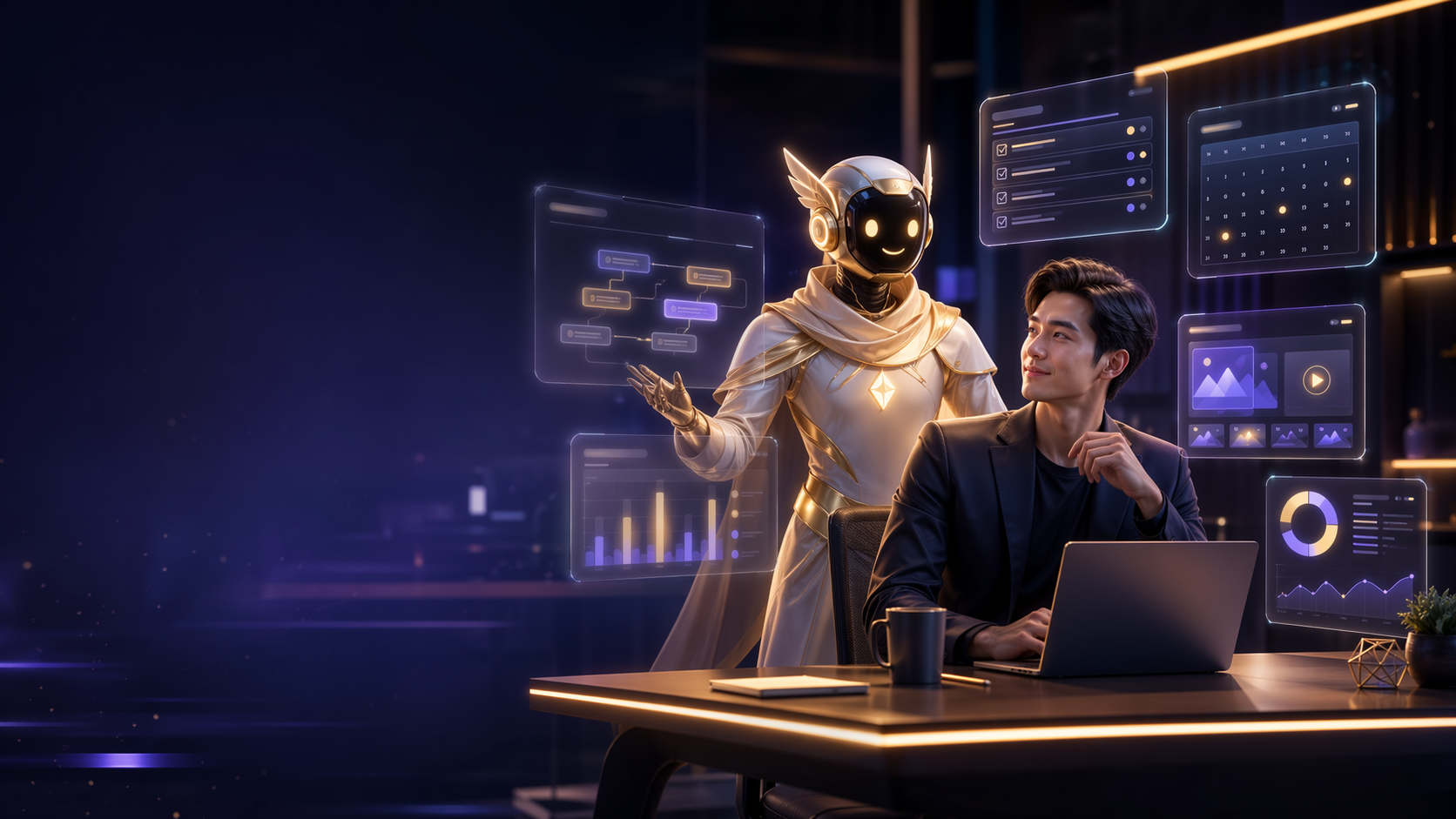 Hermes AI assistant standing beside a business owner with workflow dashboards